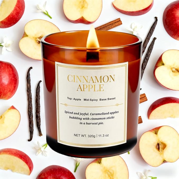 Holiday Candle Gift Set–2 Pack Wood Wick Cinnamon Apple Scented Candles,Long Lasting Natural Soy Wax Candles with Gift