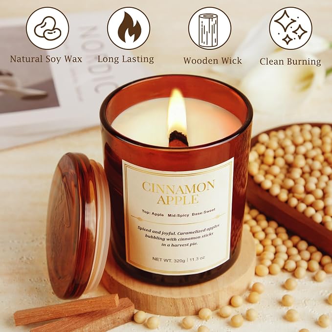 Holiday Candle Gift Set–2 Pack Wood Wick Cinnamon Apple Scented Candles,Long Lasting Natural Soy Wax Candles with Gift