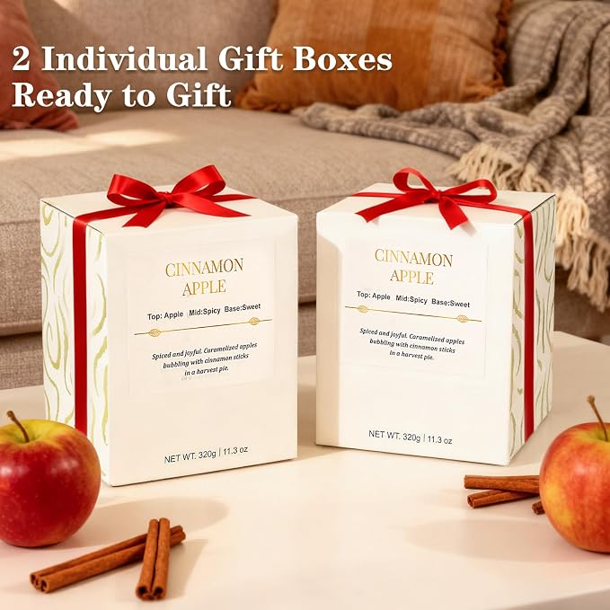 Holiday Candle Gift Set–2 Pack Wood Wick Cinnamon Apple Scented Candles,Long Lasting Natural Soy Wax Candles with Gift