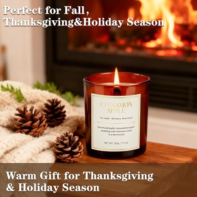 Holiday Candle Gift Set–2 Pack Wood Wick Cinnamon Apple Scented Candles,Long Lasting Natural Soy Wax Candles with Gift