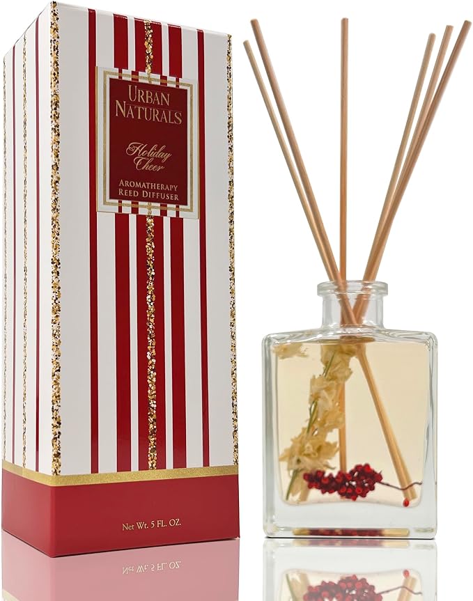 Holiday Cheer Reed Diffuser Set – Cranberry, Cinnamon, Evergreen, Cedar & Smokey Wood – Made with Essential Oils – Sleek