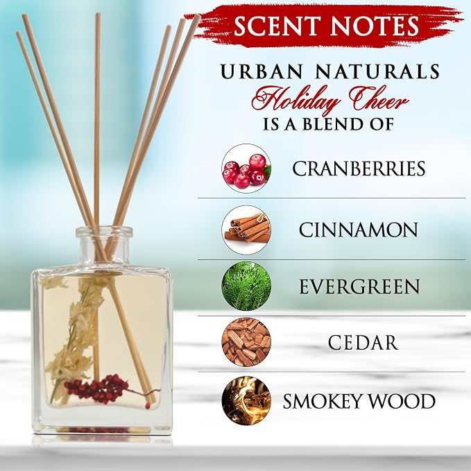 Holiday Cheer Reed Diffuser Set – Cranberry, Cinnamon, Evergreen, Cedar & Smokey Wood – Made with Essential Oils – Sleek
