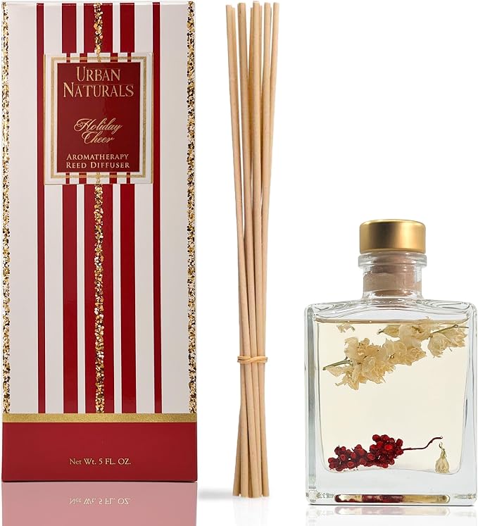 Holiday Cheer Reed Diffuser Set – Cranberry, Cinnamon, Evergreen, Cedar & Smokey Wood – Made with Essential Oils – Sleek