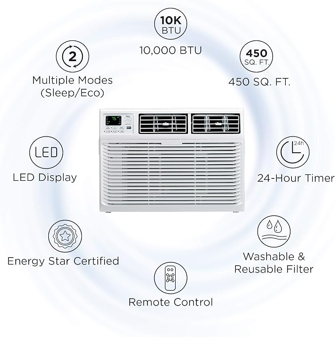 Home 10,000 BTU Window Air Conditioner, Energy Star, Cools Rooms up to 450 Sq. Ft., 3 Fan Speeds, Quiet, Multiple Modes