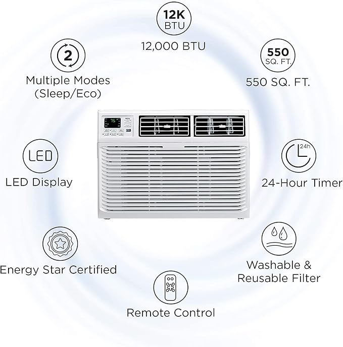 Home 12,000 BTU Window Air Conditioner, Energy Star, Cools Rooms up to 550 Sq. Ft., 3 Fan Speeds, Quiet, Multiple Modes