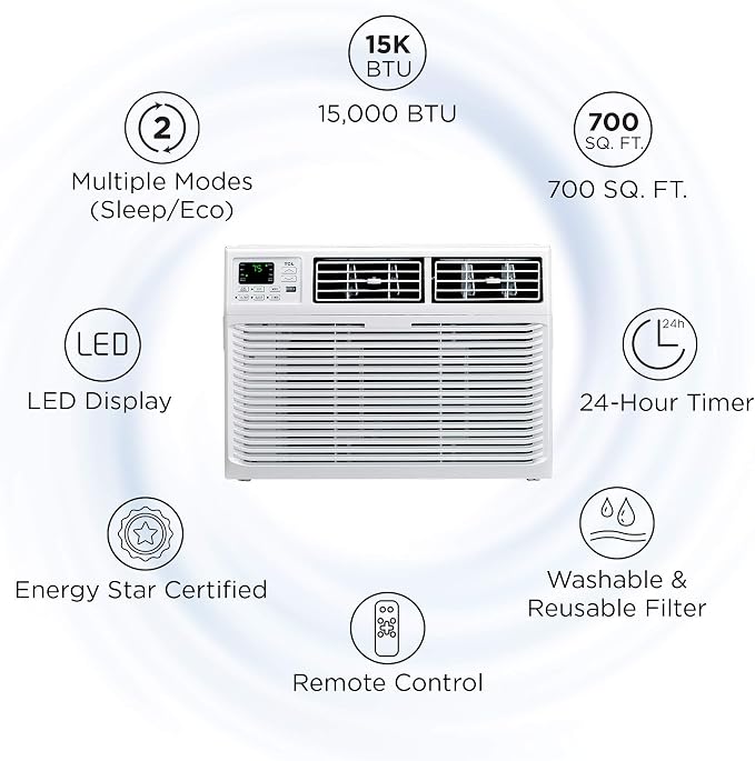 Home 15,000 BTU Window Air Conditioner, Energy Star, Cools Rooms up to 700 Sq. Ft., 3 Fan Speeds, Quiet, Multiple Modes