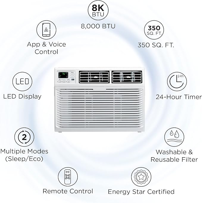 Home 8,000 BTU Smart Window Air Conditioner, App & Voice Control, Energy Star, Cools Rooms up to 350 Sq. Ft., 3 Fan Speeds