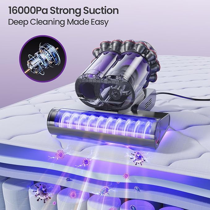 Home Mattress Vacuum Cleaner, Bed Vacuum with 2 Roller Brushes for Pet Hair, 253.7nm UV-C Light, 140F° Heating, alternate