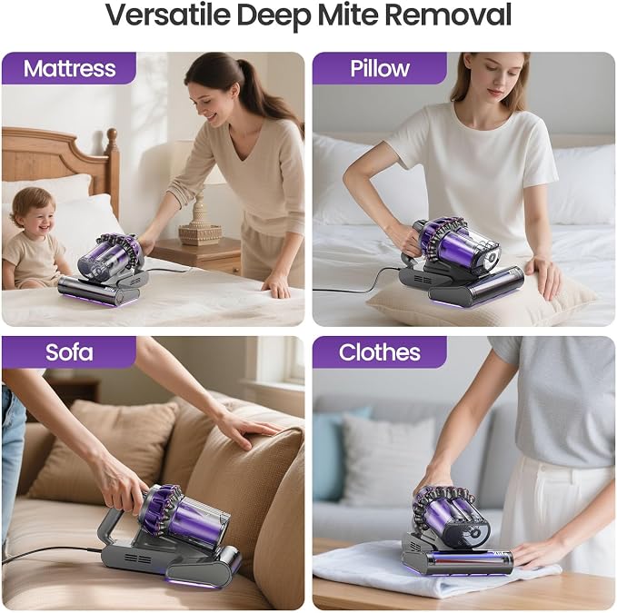 Home Mattress Vacuum Cleaner, Bed Vacuum with 2 Roller Brushes for Pet Hair, 253.7nm UV-C Light, 140F° Heating, alternate