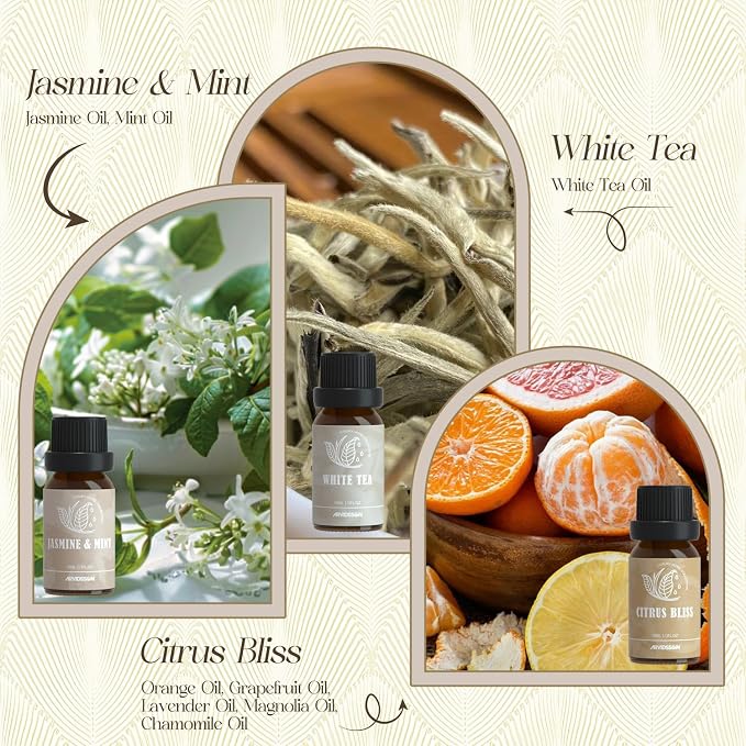 Hotel Diffuser Oils Gift Set, Hotel Scent Essential Oils for Diffuser, Luxury Fragrance Oil Blend - Jasmine & Mint, White