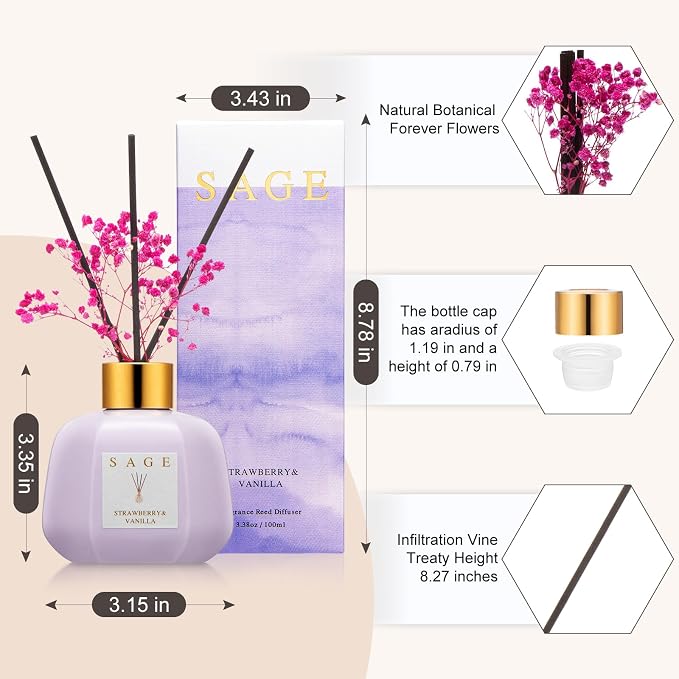 Hotel Reed Diffuser - Inspired by Ritz Carlton Hotel | 3.4oz Vanilla Strawberry Scent Diffusers for Home | Preserved Real