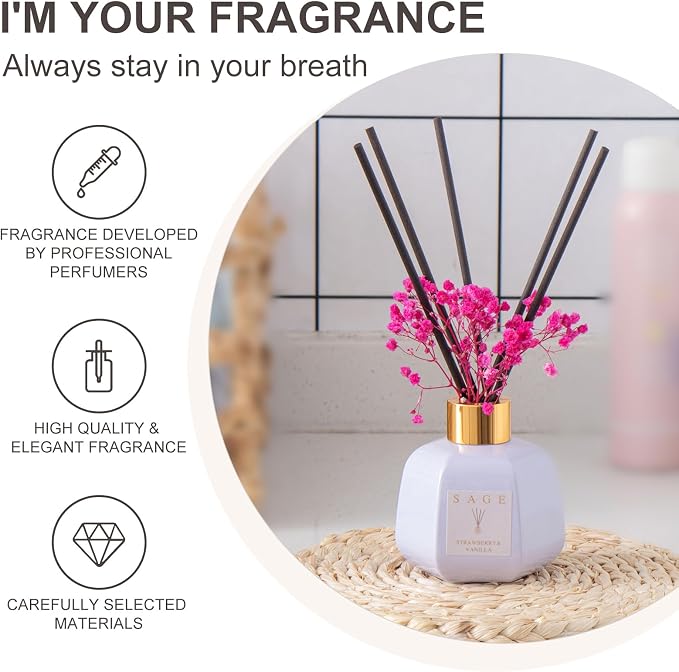 Hotel Reed Diffuser - Inspired by Ritz Carlton Hotel | 3.4oz Vanilla Strawberry Scent Diffusers for Home | Preserved Real