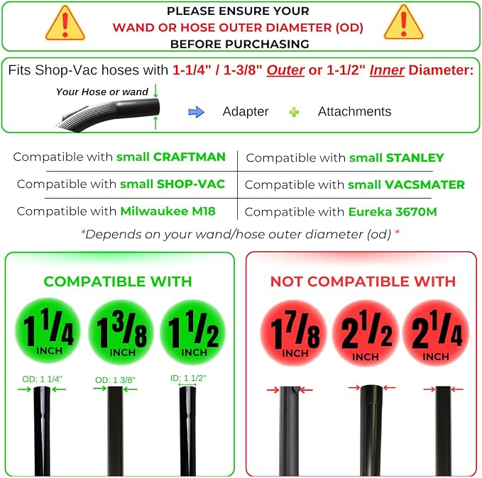 Household Vacuum Cleaner Attachments & Adapter Kit Compatible Small Shop Vacs Hose 1-1/4'', 1-3/8'' & 1-1/2'' - Horsehair