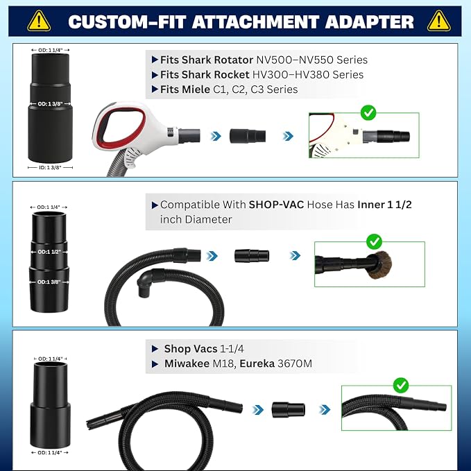 Household Vacuum Cleaner Attachments & Adapter Kit Compatible Small Shop Vacs Hose 1-1/4'', 1-3/8'' & 1-1/2'' - Horsehair