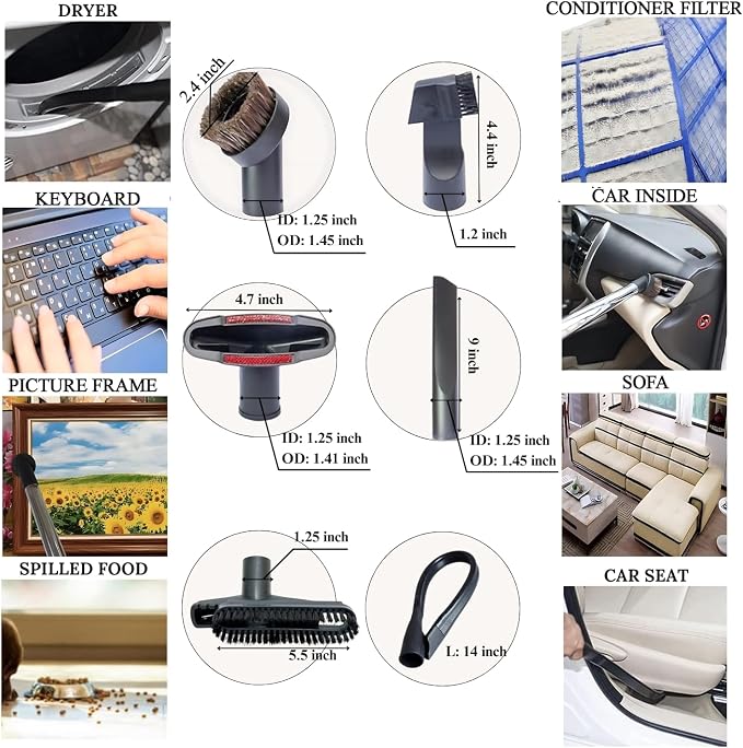 Household Vacuum Cleaner Attachments & Adapter Kit Compatible Small Shop Vacs Hose 1-1/4'', 1-3/8'' & 1-1/2'' - Horsehair