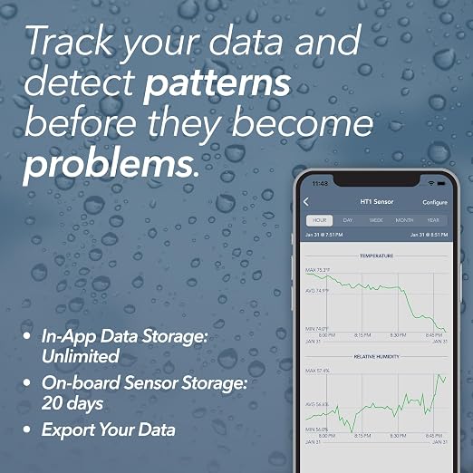 HT1 Smart Temperature Sensor & Humidity Sensor - Thermometer & Hygrometer w/App Monitoring - Indoor/Outdoor Temperature and
