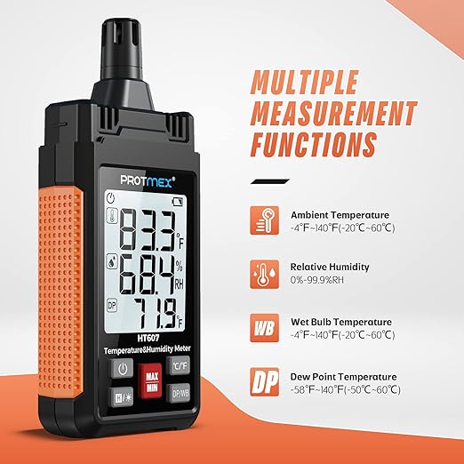 HT607 Temperature Humidity Meter High Precision Digital Hygrometer with Ambient, Relative Humidity, Dew Point, alternate