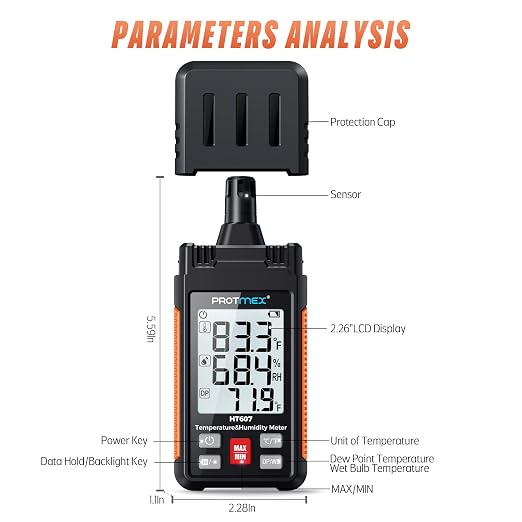 HT607 Temperature Humidity Meter High Precision Digital Hygrometer with Ambient, Relative Humidity, Dew Point, alternate