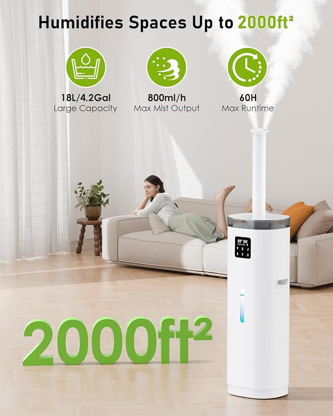 Humidifier Large Room, 4.8Gal/18L Top Fill Whole House Humidifier for 2000 sq.ft, 800ml/h Cool Mist, 30%-95% Custom Humidity