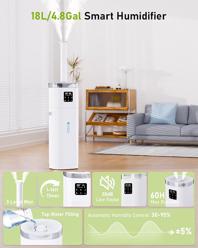 Humidifier Large Room, 4.8Gal/18L Top Fill Whole House Humidifier for 2000 sq.ft, 800ml/h Cool Mist, 30%-95% Custom Humidity
