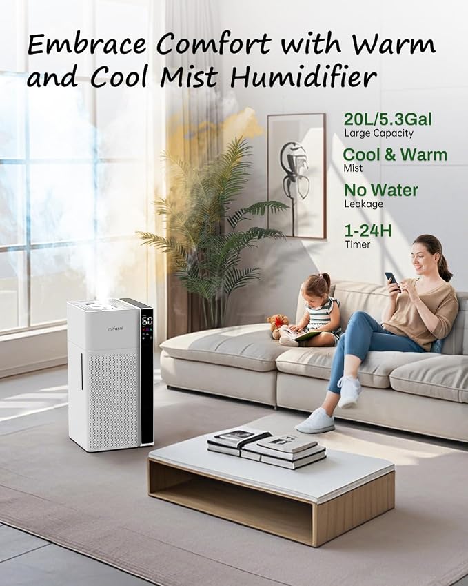 Humidifier Large Room Warm and Cool Mist, 5.3Gal/20L Humidifiers for Home 1500 sq ft, Double Nozzles Whole House Humidifier