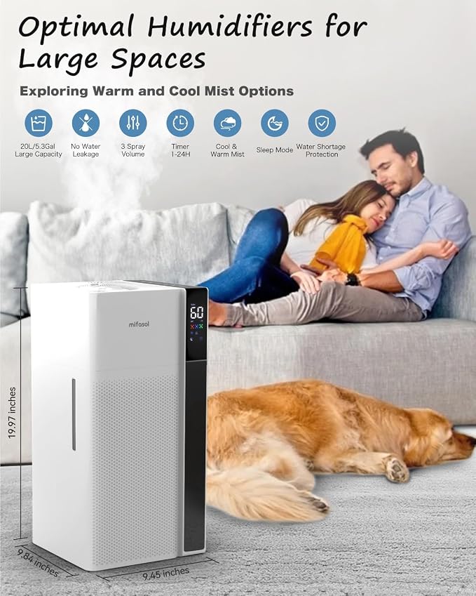 Humidifier Large Room Warm and Cool Mist, 5.3Gal/20L Humidifiers for Home 1500 sq ft, Double Nozzles Whole House Humidifier
