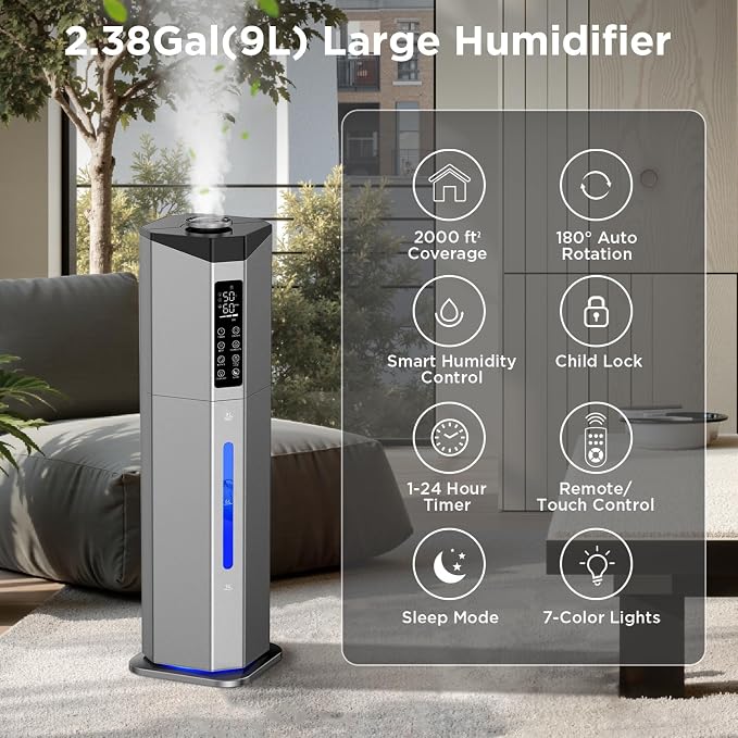 Humidifiers for Bedroom - 2.38Gal/9L Dual Atomizers Top Fill Humidifier for Large Room 2000ft2 with Auto Rotation 7-Color