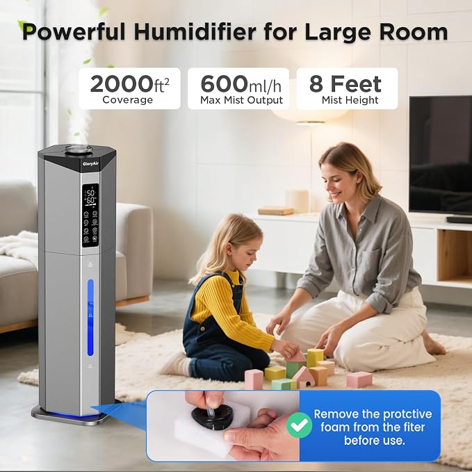 Humidifiers for Bedroom - 2.38Gal/9L Dual Atomizers Top Fill Humidifier for Large Room 2000ft2 with Auto Rotation 7-Color