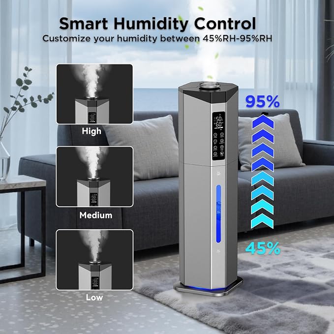 Humidifiers for Bedroom - 2.38Gal/9L Dual Atomizers Top Fill Humidifier for Large Room 2000ft2 with Auto Rotation 7-Color
