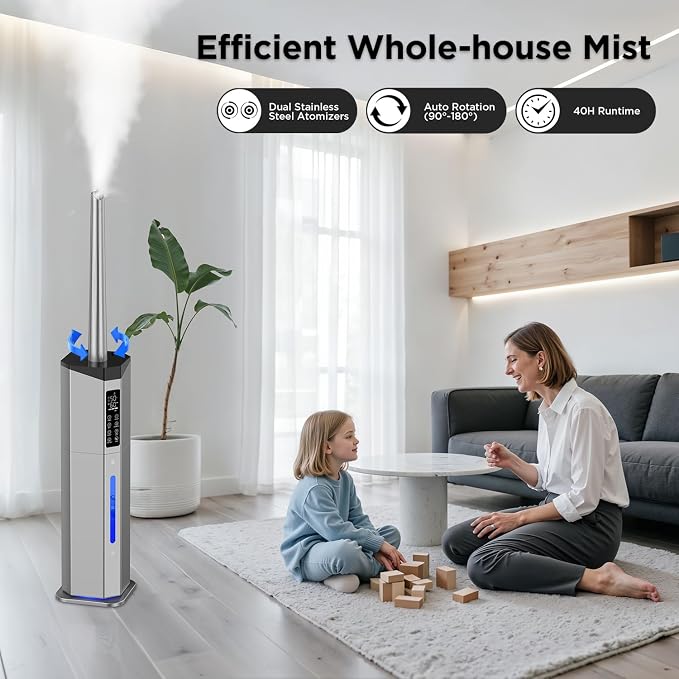 Humidifiers for Bedroom - 2.38Gal/9L Dual Atomizers Top Fill Humidifier for Large Room 2000ft2 with Auto Rotation 7-Color