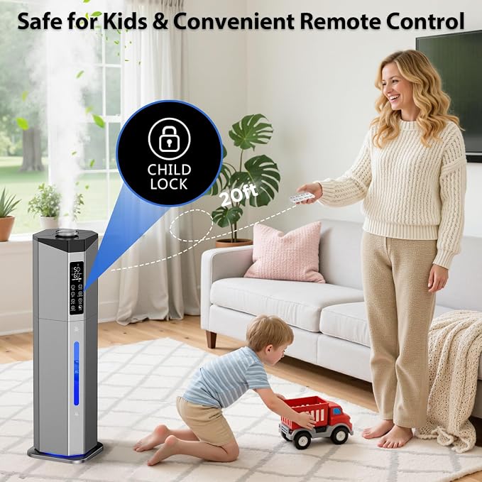 Humidifiers for Bedroom - 2.38Gal/9L Dual Atomizers Top Fill Humidifier for Large Room 2000ft2 with Auto Rotation 7-Color