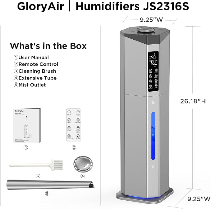 Humidifiers for Bedroom - 2.38Gal/9L Dual Atomizers Top Fill Humidifier for Large Room 2000ft2 with Auto Rotation 7-Color