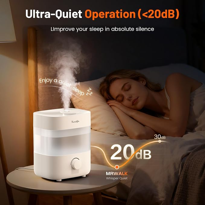 Humidifiers for Bedroom, 2L Tank for 15H, 20dB Quiet Mist Time, Dual Nozzles, Auto Shut-Off, Rotate to Adjust Mist Intensity