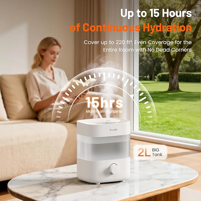 Humidifiers for Bedroom, 2L Tank for 15H, 20dB Quiet Mist Time, Dual Nozzles, Auto Shut-Off, Rotate to Adjust Mist Intensity