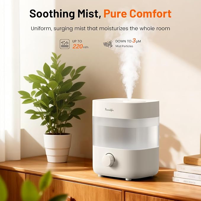 Humidifiers for Bedroom, 2L Tank for 15H, 20dB Quiet Mist Time, Dual Nozzles, Auto Shut-Off, Rotate to Adjust Mist Intensity