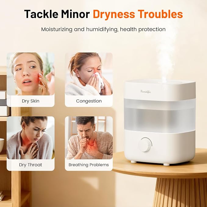Humidifiers for Bedroom, 2L Tank for 15H, 20dB Quiet Mist Time, Dual Nozzles, Auto Shut-Off, Rotate to Adjust Mist Intensity