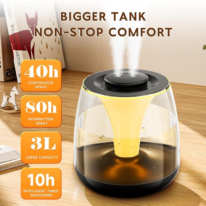 Humidifiers for Bedroom, 3 L Cool Mist Top-Fill 40H Super Long Time, 23dB Quiet, Baby Humidifier, Oil Diffuser for Large