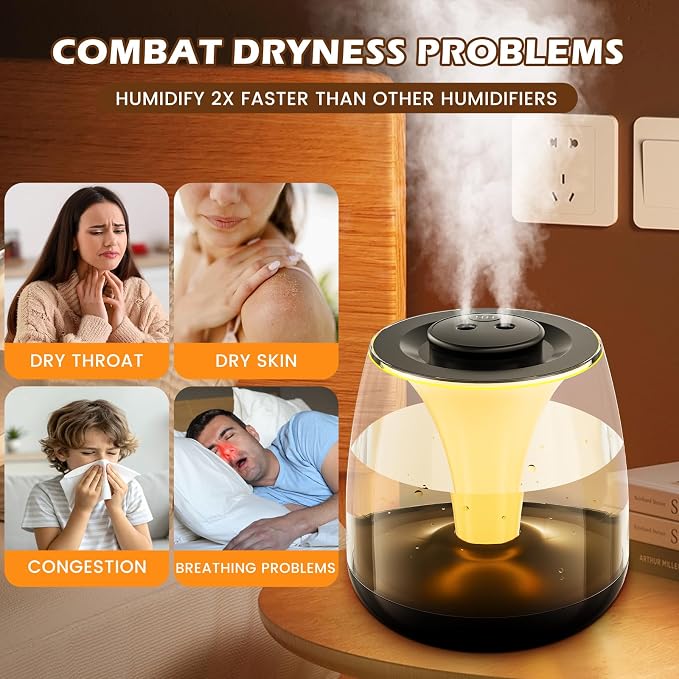 Humidifiers for Bedroom, 3 L Cool Mist Top-Fill 40H Super Long Time, 23dB Quiet, Baby Humidifier, Oil Diffuser for Large
