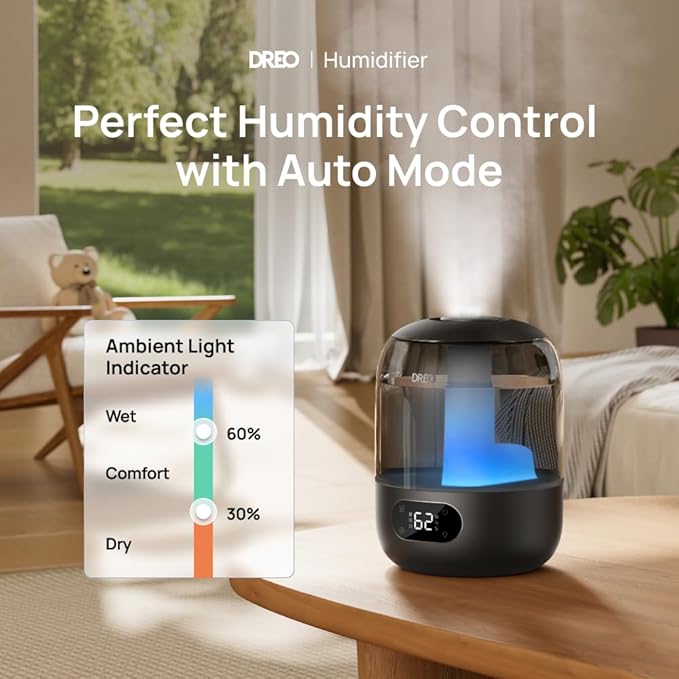 Humidifiers for Bedroom, 3L Top Fill 30H & 26dB Quiet Runtime for Large Room, Cool Mist Ultrasonic Humidifier with Humidity