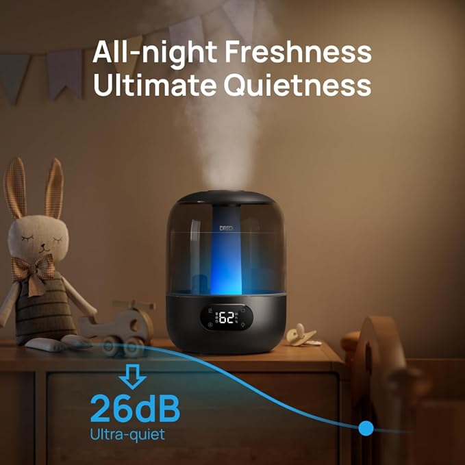 Humidifiers for Bedroom, 3L Top Fill 30H & 26dB Quiet Runtime for Large Room, Cool Mist Ultrasonic Humidifier with Humidity