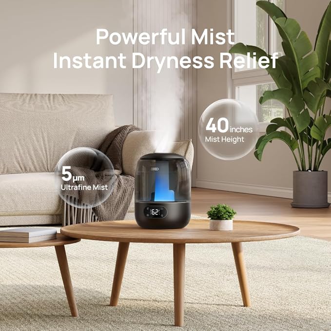 Humidifiers for Bedroom, 3L Top Fill 30H & 26dB Quiet Runtime for Large Room, Cool Mist Ultrasonic Humidifier with Humidity