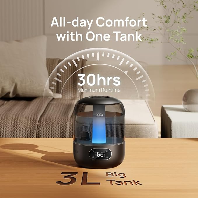 Humidifiers for Bedroom, 3L Top Fill 30H & 26dB Quiet Runtime for Large Room, Cool Mist Ultrasonic Humidifier with Humidity