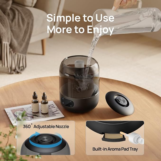 Humidifiers for Bedroom, 3L Top Fill 30H & 26dB Quiet Runtime for Large Room, Cool Mist Ultrasonic Humidifier with Humidity