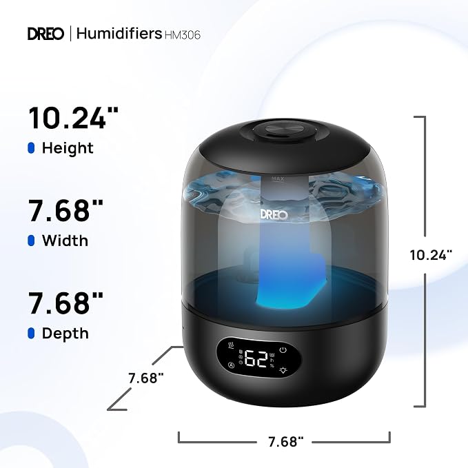Humidifiers for Bedroom, 3L Top Fill 30H & 26dB Quiet Runtime for Large Room, Cool Mist Ultrasonic Humidifier with Humidity