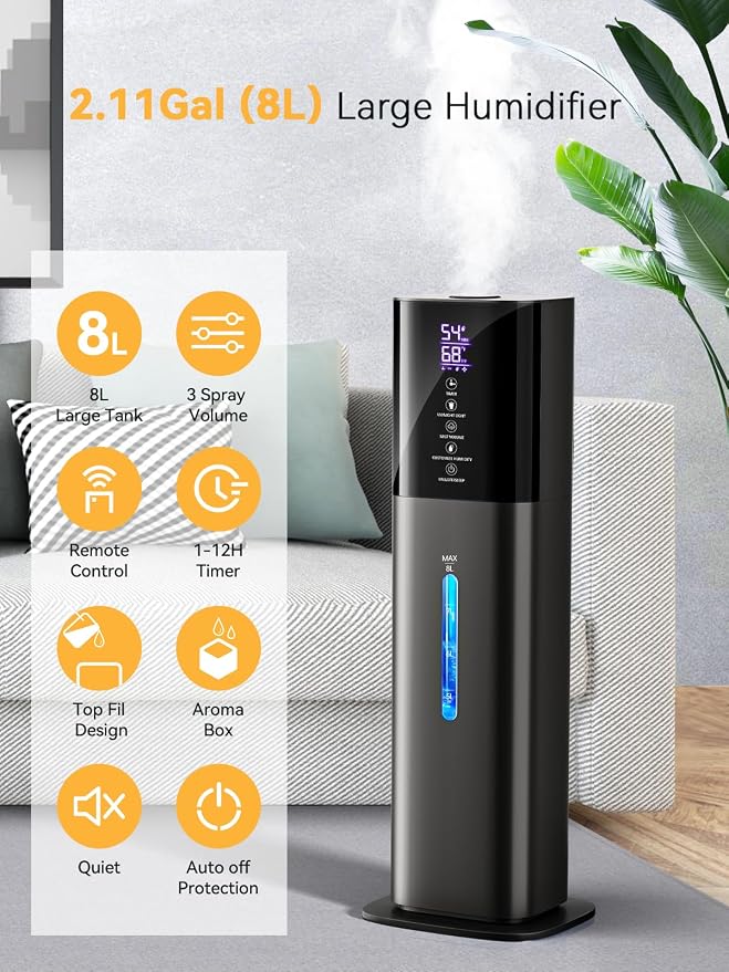 Humidifiers for Bedroom, 8L Quiet Humidifiers for Large Room with Timer, 360°Nozzle, alternate product view 2