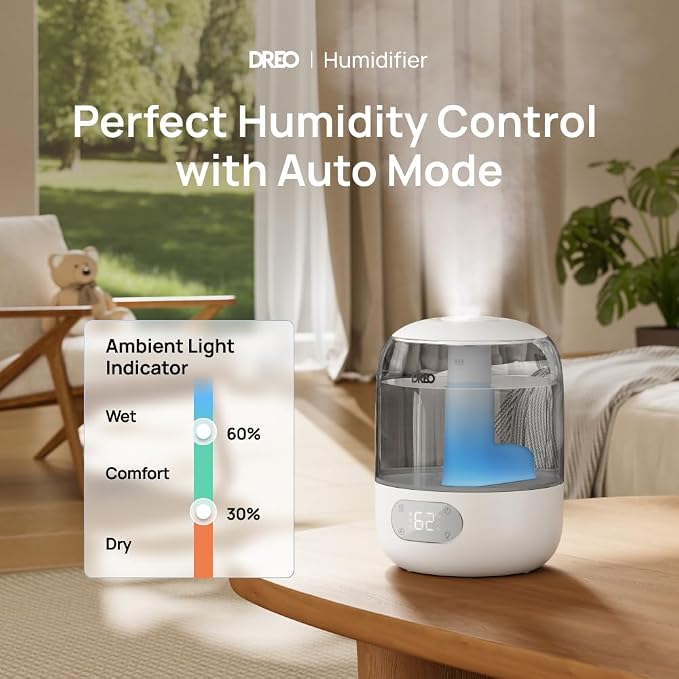 Humidifiers for Bedroom, Cool Mist Ultrasonic Humidifiers with 30Hr Runtime, Top Fill 3L Tank, Easy Clean, Humidity Sensor