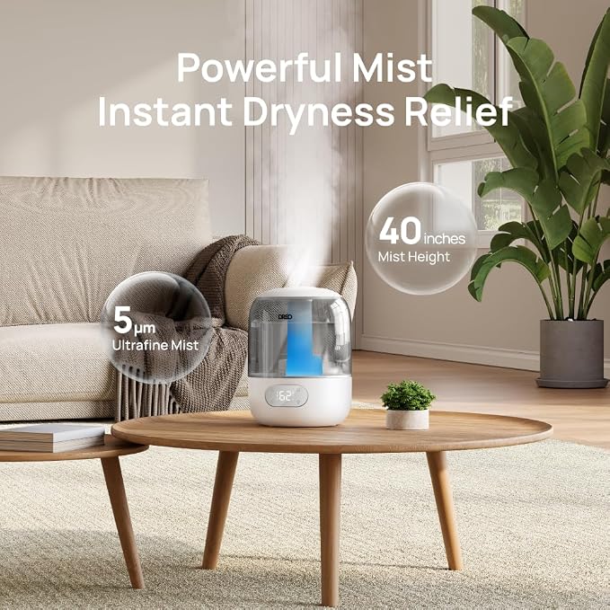 Humidifiers for Bedroom, Cool Mist Ultrasonic Humidifiers with 30Hr Runtime, Top Fill 3L Tank, Easy Clean, Humidity Sensor