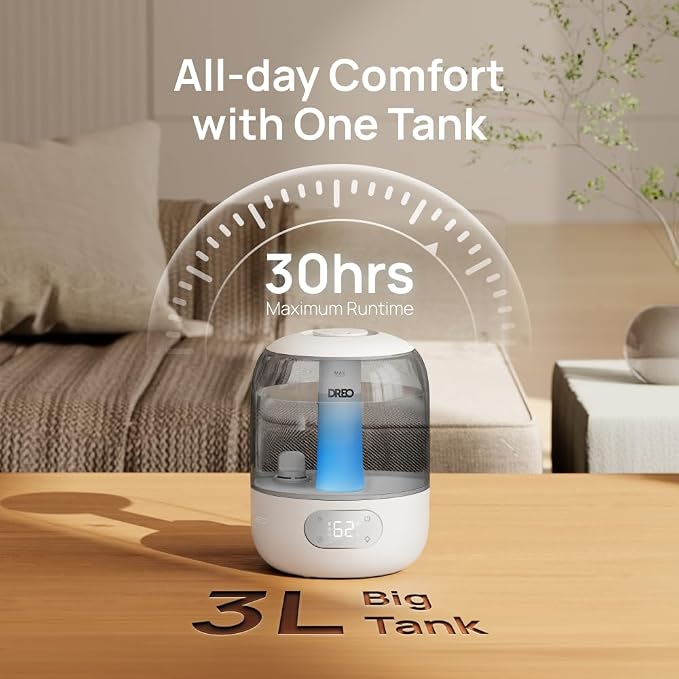 Humidifiers for Bedroom, Cool Mist Ultrasonic Humidifiers with 30Hr Runtime, Top Fill 3L Tank, Easy Clean, Humidity Sensor