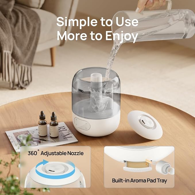 Humidifiers for Bedroom, Cool Mist Ultrasonic Humidifiers with 30Hr Runtime, Top Fill 3L Tank, Easy Clean, Humidity Sensor