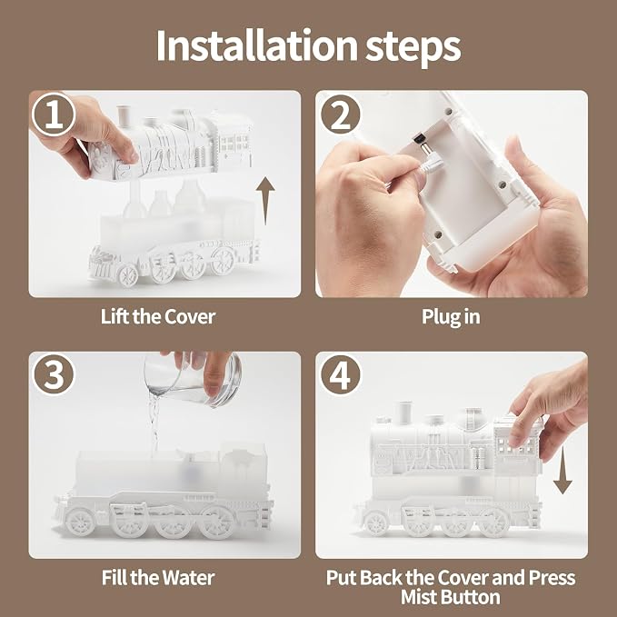 Humidifiers for Bedroom, Cool Quiet Steam Train Looking Mist Air Humidifier Diffuser for Home Baby Nursery & Plants and Auto